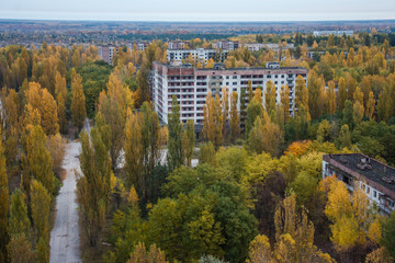 Abandoned Pripyat city in Chernobyl Exclusion Zone at autumn time