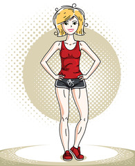 Young beautiful blonde athletic woman posing. Vector illustration of attractive female wearing shorts and T-shirt.  Active and healthy lifestyle theme cartoon.