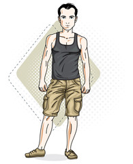 Brunet young adult man standing. Vector character wearing casual clothes like jeans shorts and singlet.