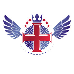 Fototapeta premium Cross Religious graphic emblem created using imperial crown and angel wings, Christian crucifixion. Heraldic Coat of Arms, vintage vector logo isolated on white background.