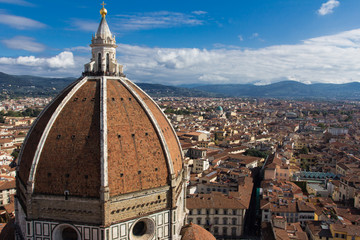 Panorama of the city historical center with Cathedral of Saint Mary of the Flowers (Cattedrale di Santa Maria del Fiore), UNESCO World Heritage site. Florence, Tuscany, Italy. A top view.