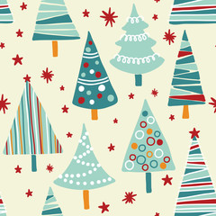 Vector seamless pattern with textured Christmas trees. Modern and original festive textile, gift wrap, wall art design.