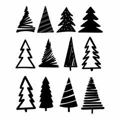 Drawing outline or Hand sketch Christmas tree isolate set. Vector illustration
