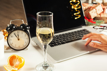 Flat lay Christmas decoration Office workplace