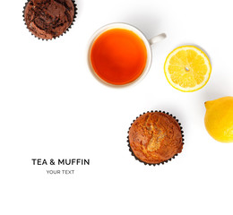 Creative layout made of cup of tea, lemon and muffins on a white background. Top view.