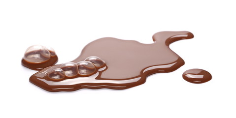 Spilled chocolate milk puddle isolated on white background