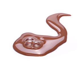 Spilled chocolate milk puddle isolated on white background