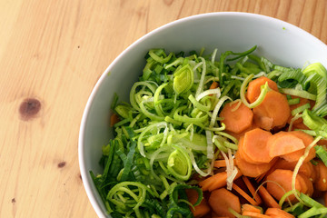 sliced fresh leek and carrots in a white bowl on a wooden table, ingredients to cook with healthy vegetables, close up