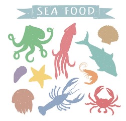 Seafood hand drawn colorful vector illustrations isolated on white background, elements for restaurant menu design, decor, label. Vintage silhouettes of sea animals.