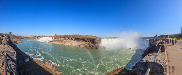 Panorama über die Niagarafälle von der kanadischen Seite bei wolkenlosem blauen Himmel im Winter 2013