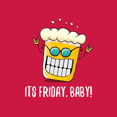 Its friday baby vector concept illustration with funky beer character isolated on red background.