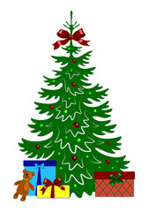 Decorated christmas tree with gift boxes and teddy bear. Template for design, greeting card, invitation. Xmas card vector illustration isolated on white background.