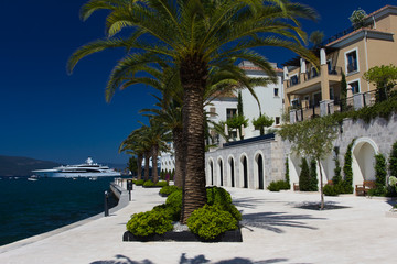 Fototapeta na wymiar Streets of Porto Montenegro, luxury yacht port and prestigious shopping village