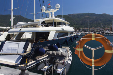 Luxury yachts in Porto Montenegro, prestigious shopping village and yacht port