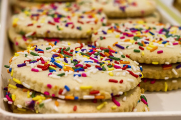 closeup of golden cookies with tiny rainbow sprinkles. Soft focus