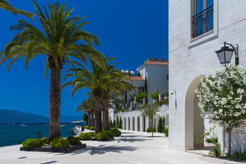 Fototapeta na wymiar Embankment of Porto Montenegro, luxury yacht port