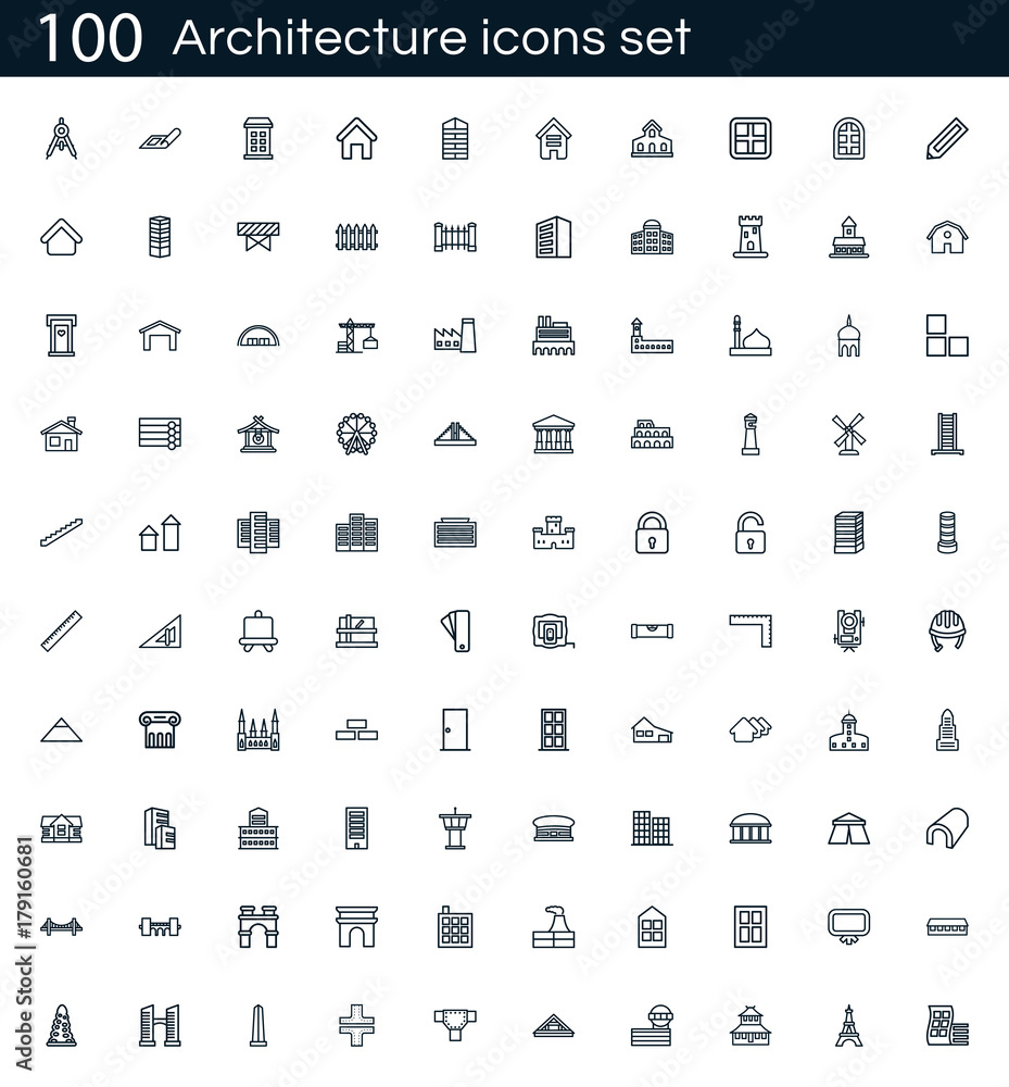 Leinwandbilder Architecture icon set with 100 vector pictograms. Simple outline construction icons isolated on a white background. Good for apps and web sites.