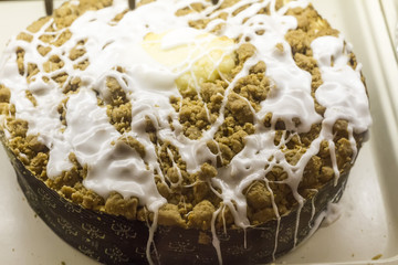 Display window of a bakery and pastry shop with variety of pastry closeup