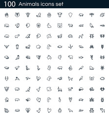 Animals icon set with 100 vector pictograms. Simple outline farm icons isolated on a white background. Good for apps and web sites.