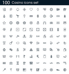 Casino icon set with 100 vector pictograms. Simple outline gambling icons isolated on a white background. Good for apps and web sites.