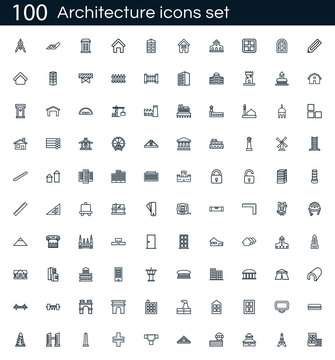 Architecture icon set with 100 vector pictograms. Simple outline construction icons isolated on a white background. Good for apps and web sites.