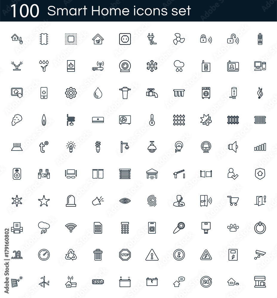 Poster Smart home icon set with 100 vector pictograms. Simple outline icons isolated on a white background. Good for apps and web sites.