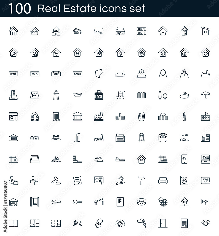 Poster real estate icon set with 100 vector pictograms. simple outline icons isolated on a white background