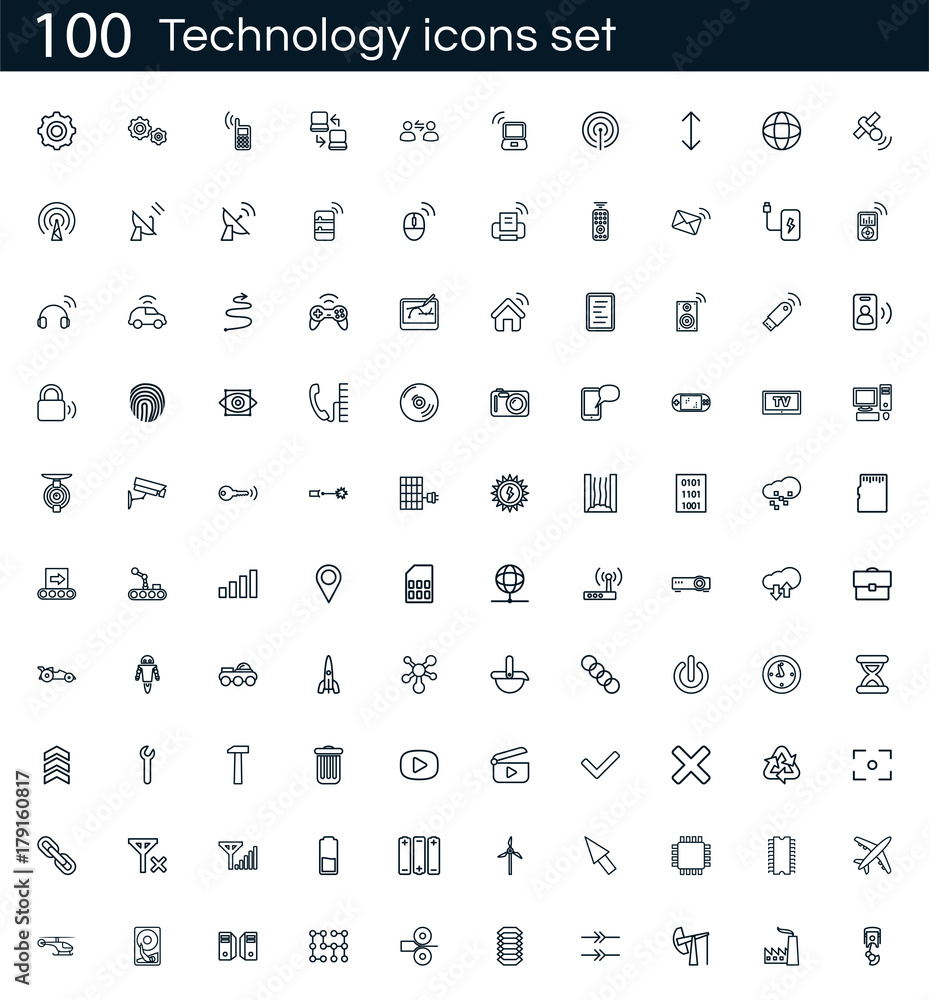 Poster Technology icon set with 100 vector pictograms. Simple outline isolated on a white background. Good for apps and web sites.