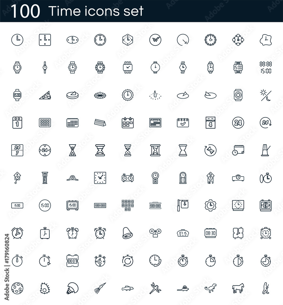 Poster Time icon set with 100 vector pictograms. Simple outline isolated on a white background. Good for apps and web sites.