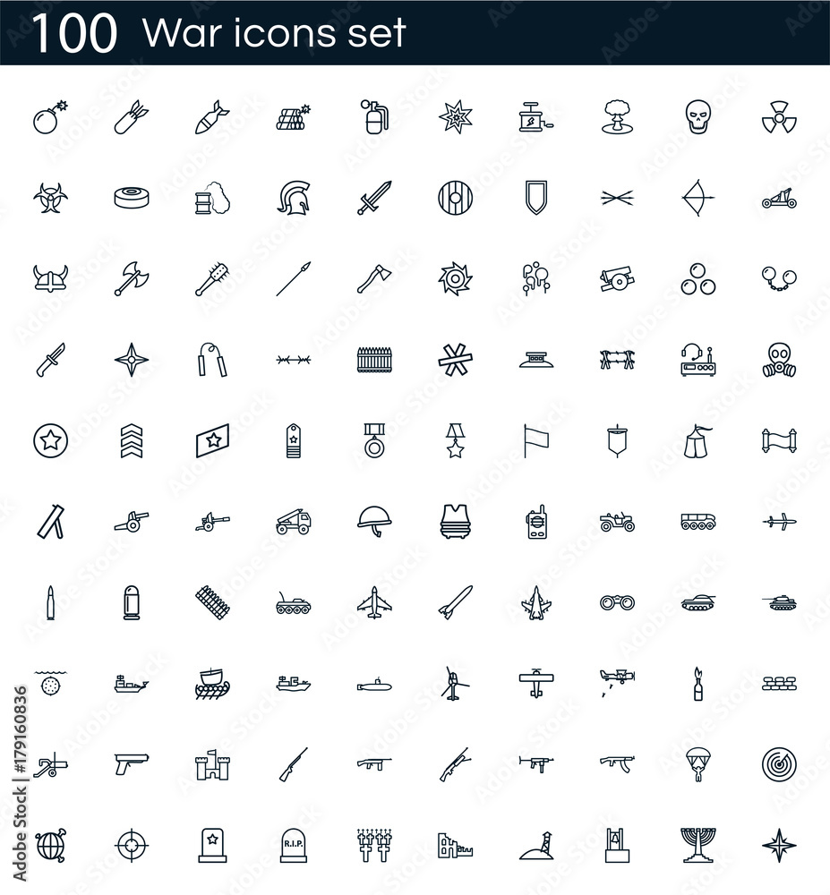 Poster war icon set with 100 vector pictograms. simple outline military isolated on a white background. goo