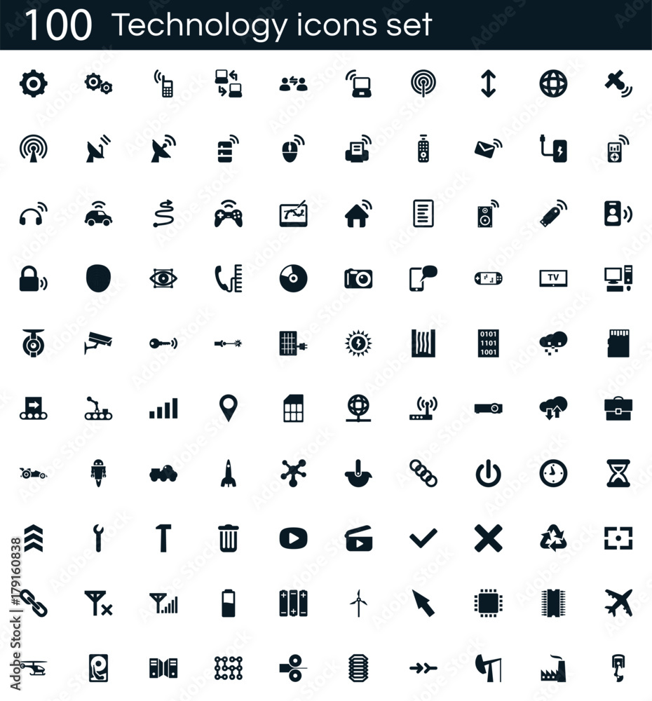 Poster Technology icon set with 100 vector pictograms. Simple filled isolated on a white background. Good for apps and web sites.
