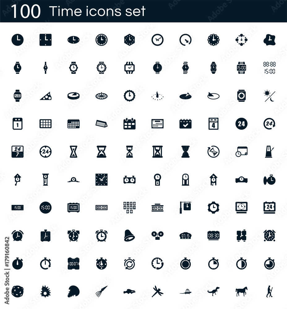 Poster time icon set with 100 vector pictograms. simple filled isolated on a white background. good for app