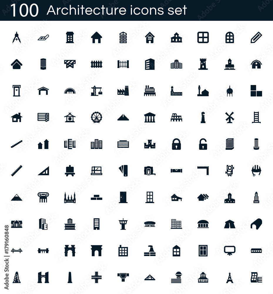 Poster Architecture icon set with 100 vector pictograms. Simple filled construction icons isolated on a white background. Good for apps and web sites.