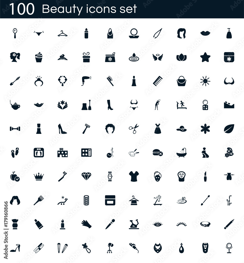 Poster beauty icon set with 100 vector pictograms. simple filled spa icons isolated on a white background. 