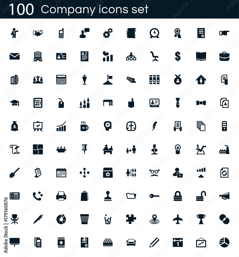 Aufkleber company icon set with 100 vector pictograms. simple filled business icons isolated on a white backgr