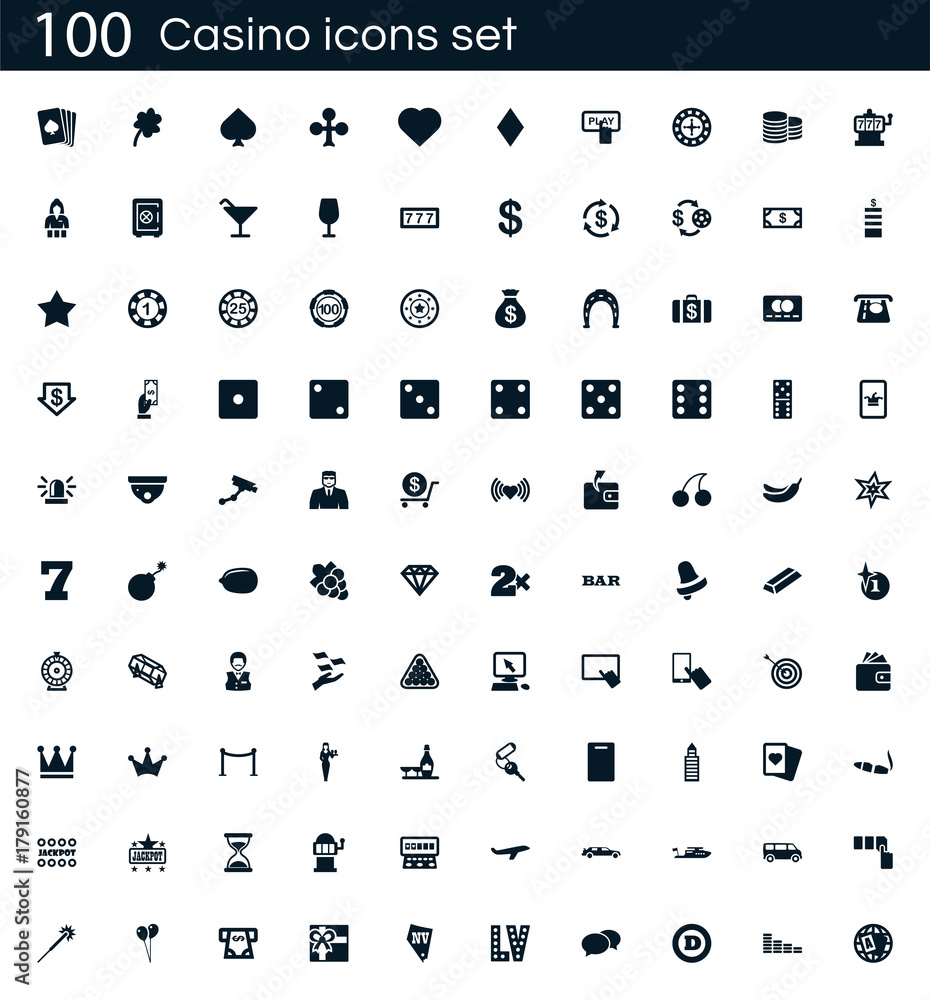 Poster casino icon set with 100 vector pictograms. simple filled gambling icons isolated on a white backgro