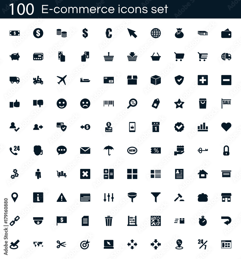 Poster E-commerce icon set with 100 vector pictograms. Simple filled shopping icons isolated on a white background. Good for apps and web sites.