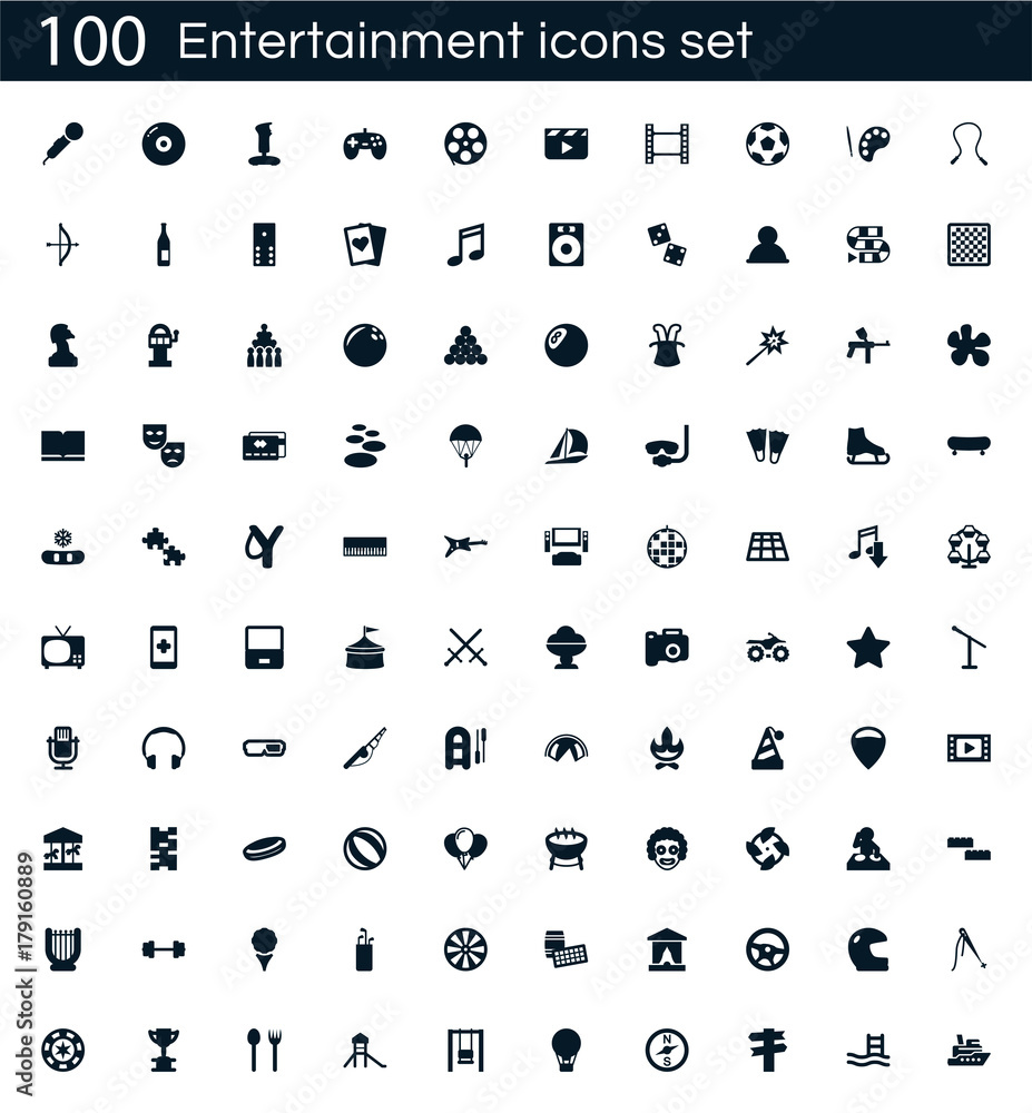 Poster Entertainment icon set with 100 vector pictograms. Simple filled fun icons isolated on a white background. Good for apps and web sites.