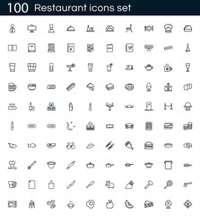 Restaurant icon set with 100 vector pictograms. Simple outline food icons isolated on a white background. Good for apps and web sites.