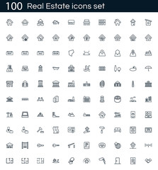 Real estate icon set with 100 vector pictograms. Simple outline icons isolated on a white background. Good for apps and web sites.