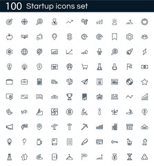 Startup icon set with 100 vector pictograms. Simple outline business isolated on a white background. Good for apps and web sites.