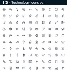 Technology icon set with 100 vector pictograms. Simple outline isolated on a white background. Good for apps and web sites.