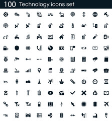Technology icon set with 100 vector pictograms. Simple filled isolated on a white background. Good for apps and web sites. - obrazy, fototapety, plakaty