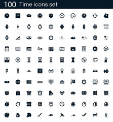 Time icon set with 100 vector pictograms. Simple filled isolated on a white background. Good for apps and web sites.