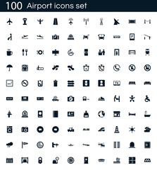Airport icon set with 100 vector pictograms. Simple filled icons isolated on a white background. Good for apps and web sites.