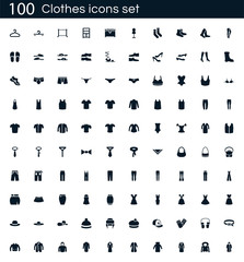 Clothes icon set with 100 vector pictograms. Simple filled dress icons isolated on a white background. Good for apps and web sites.