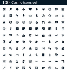 Fototapeta na wymiar Casino icon set with 100 vector pictograms. Simple filled gambling icons isolated on a white background. Good for apps and web sites.