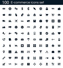 E-commerce icon set with 100 vector pictograms. Simple filled shopping icons isolated on a white background. Good for apps and web sites.