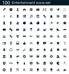 Entertainment icon set with 100 vector pictograms. Simple filled fun icons isolated on a white background. Good for apps and web sites.