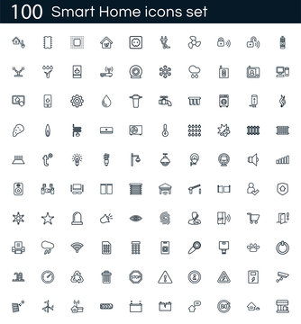 Smart home icon set with 100 vector pictograms. Simple outline icons isolated on a white background. Good for apps and web sites.
